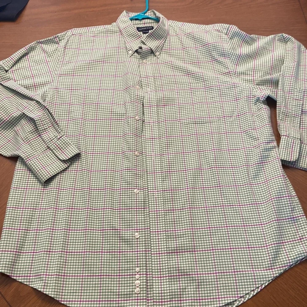 Lands End No Iron LS Original Oxford Button Down Shirt 17.5 Purple Green Check